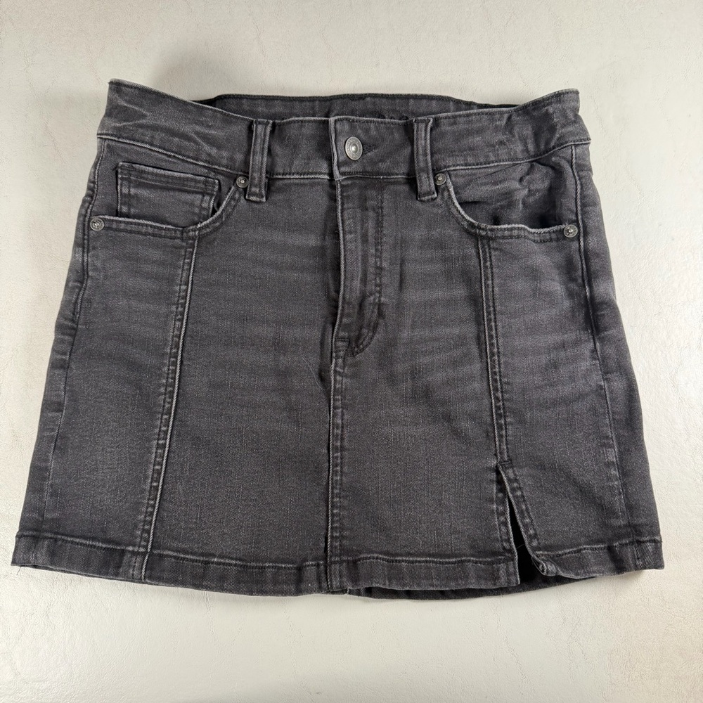American Eagle Black Denim High Waisted Side Slit Mini Skirt Stretch Size 4